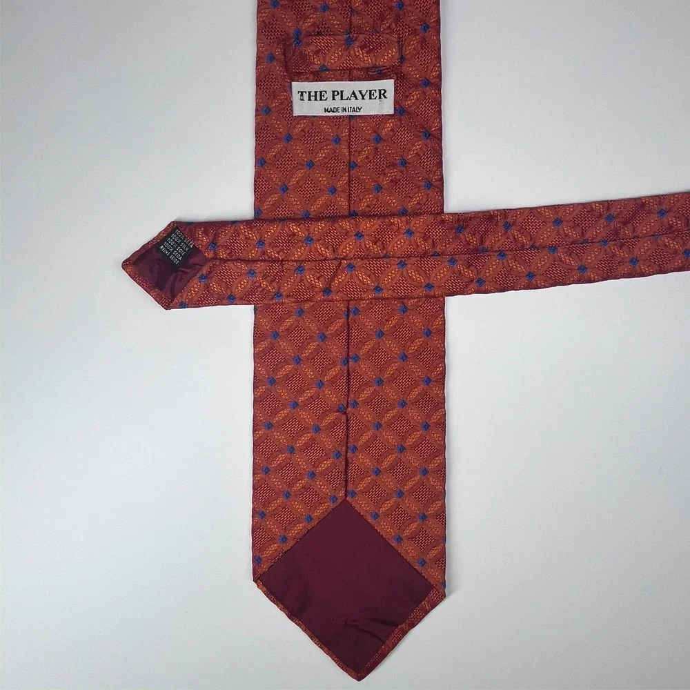 The‎ Player Silk Men's Necktie Orange Jacquard Geometric Blue Diamonds Italy